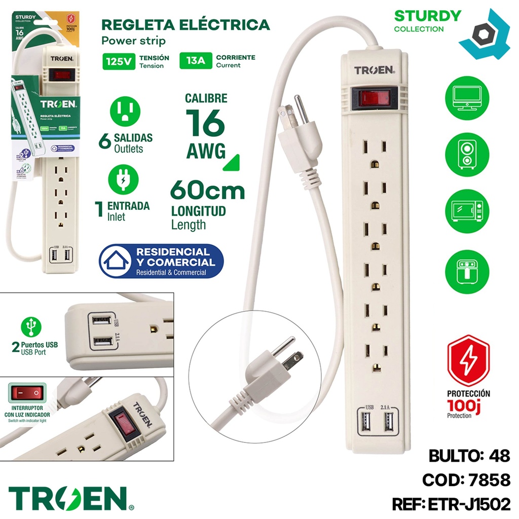REGLETA ELECTRICA 6 TOMAS CON PUERTO USB TROEN