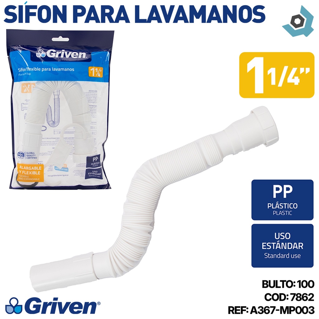 SIFON PARA LAVAMANOS 1 1/4" FLEXIBLE GRIVEN