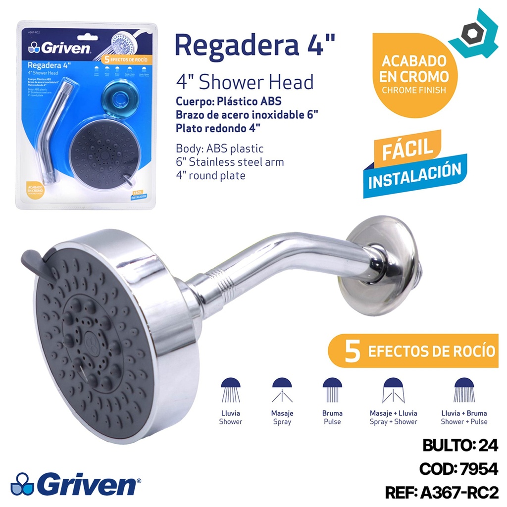 REGADERA PARA BANO 4" AJUSTABLE GRIVEN