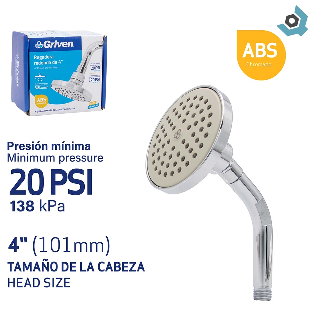 REGADERA PARA BANO 4" REDONDA CON BRAZO GRIVEN