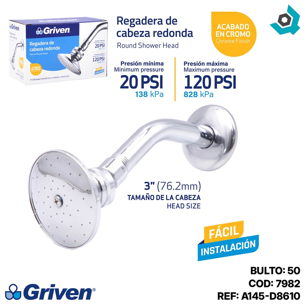 REGADERA PARA BANO 3" CABEZA REDONDA GRIVEN
