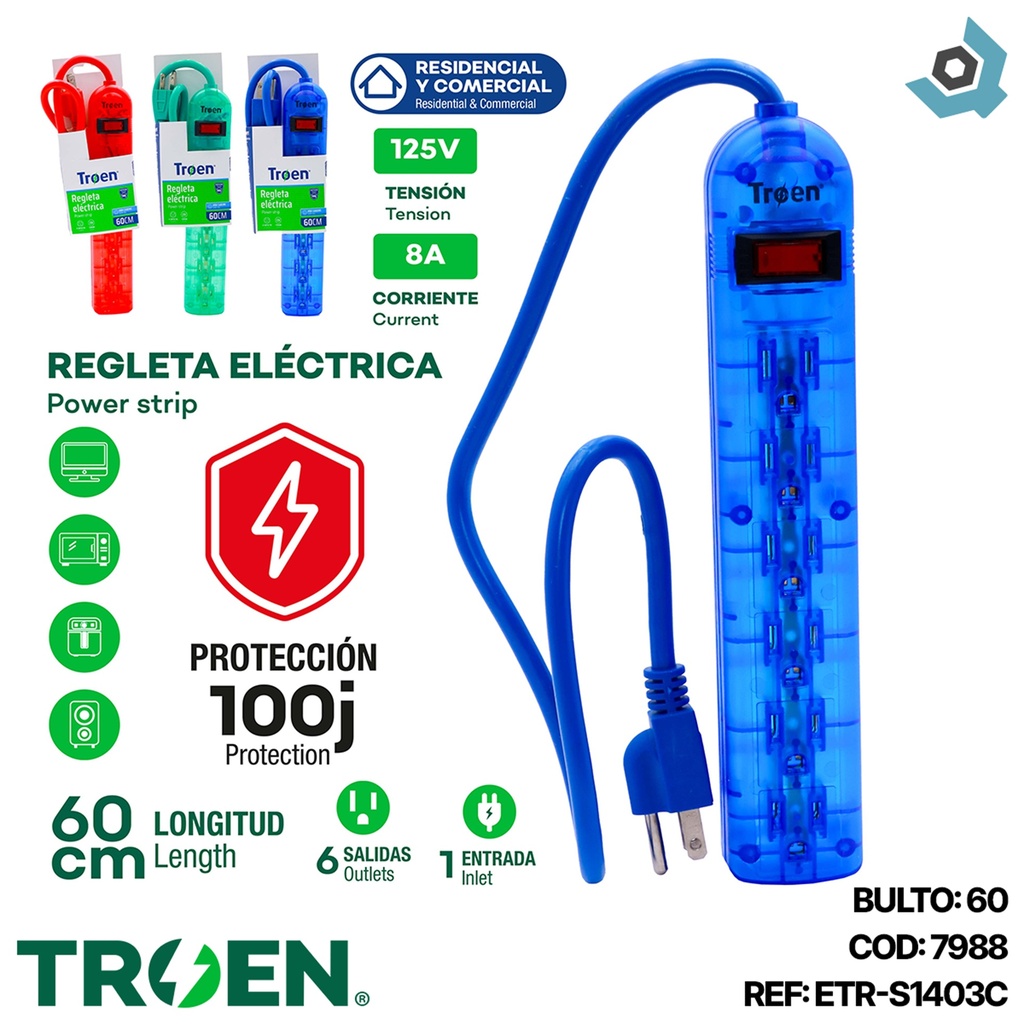 REGLETA ELECTRICA 6 TOMAS 50CM TROEN