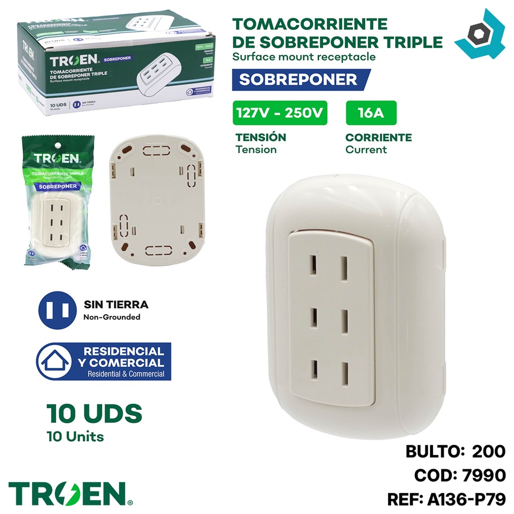 TOMACORRIENTE SUPERFICIAL SIN TIERRA 3 VIAS TROEN