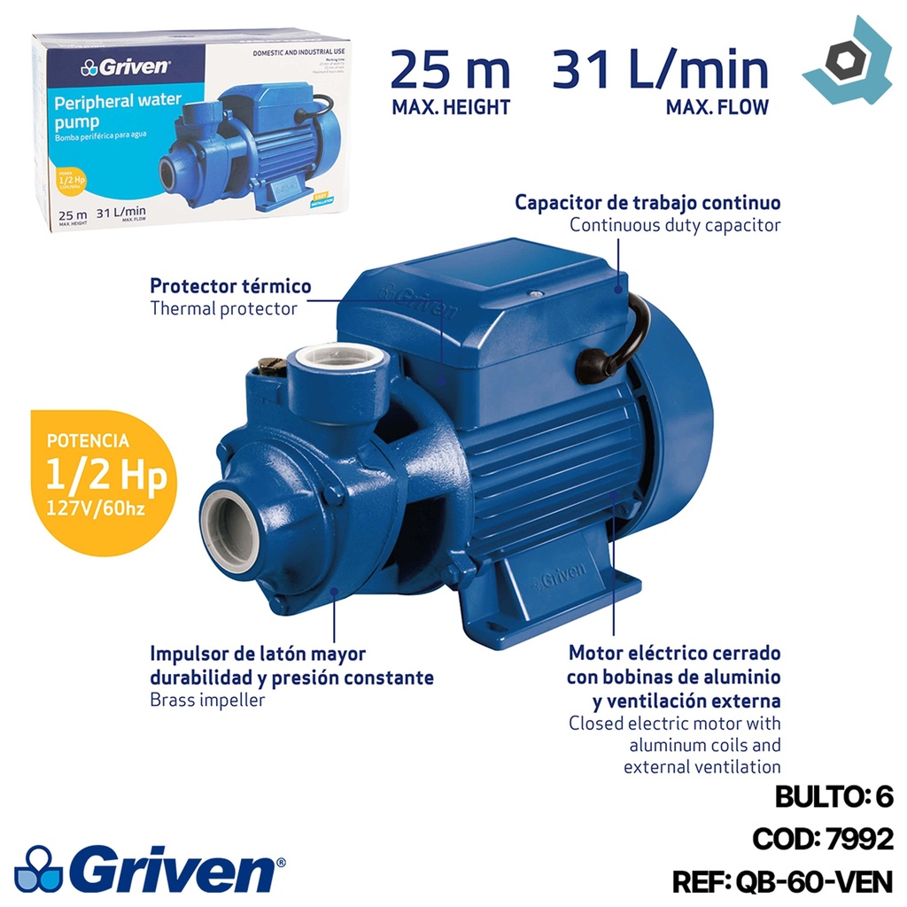 BOMBA DE AGUA 1/2HP GRIVEN
