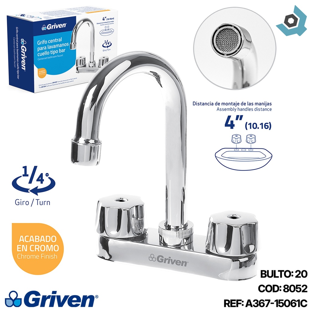 GRIFERIA PARA LAVAMANOS 4" CUELLO DE BAR GRIVEN