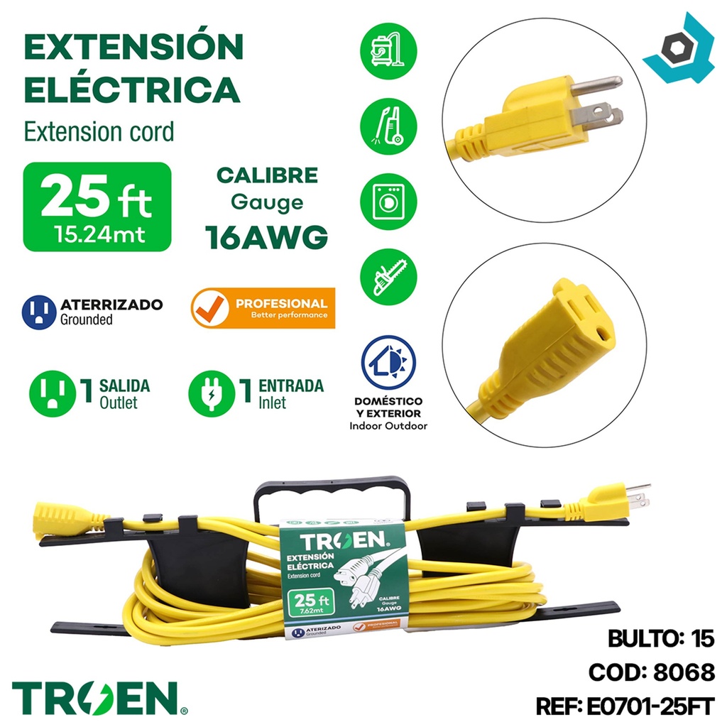 EXTENSION ELECTRICA 25FT 1 TOMA TROEN