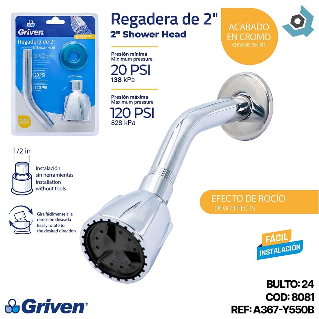 REGADERA PARA BANO 2" AJUSTABLE GRIVEN