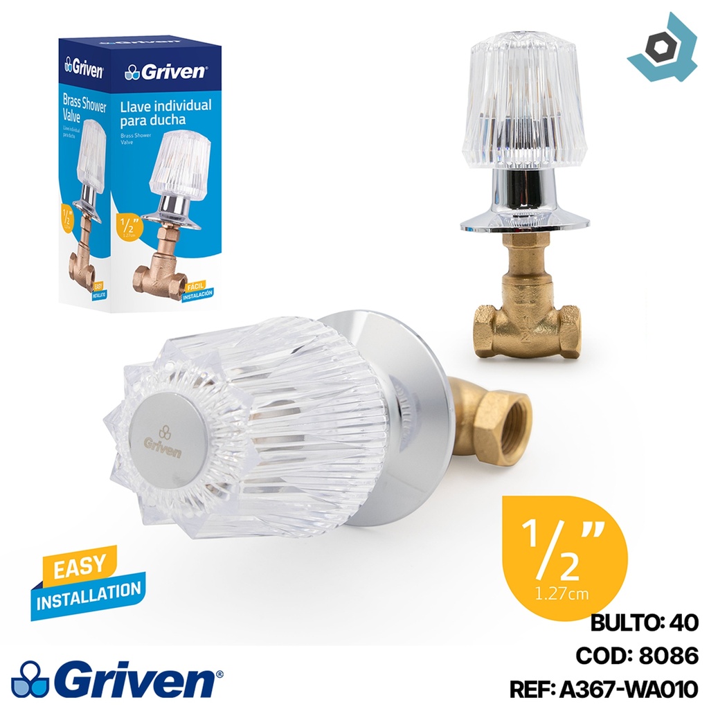 LLAVE PARA DUCHA 1/2" POMO ACRILICO GRIVEN