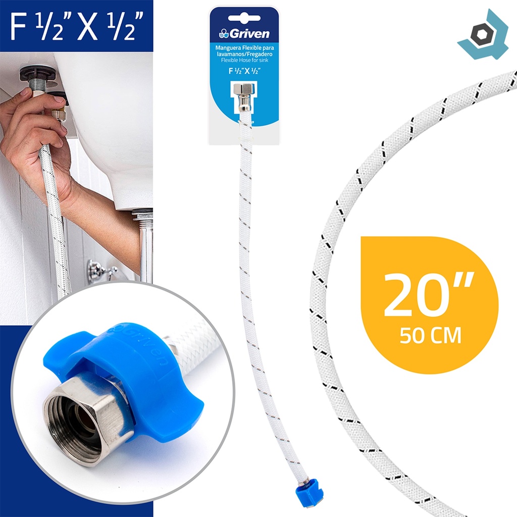 MANGUERA FLEXIBLE 50CM 1/2" X 1/2" PARA PLOMERIA GRIVEN