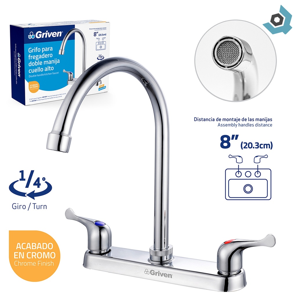 GRIFERIA PARA FREGADERO 8" CUELLO DE CISNE GRIVEN