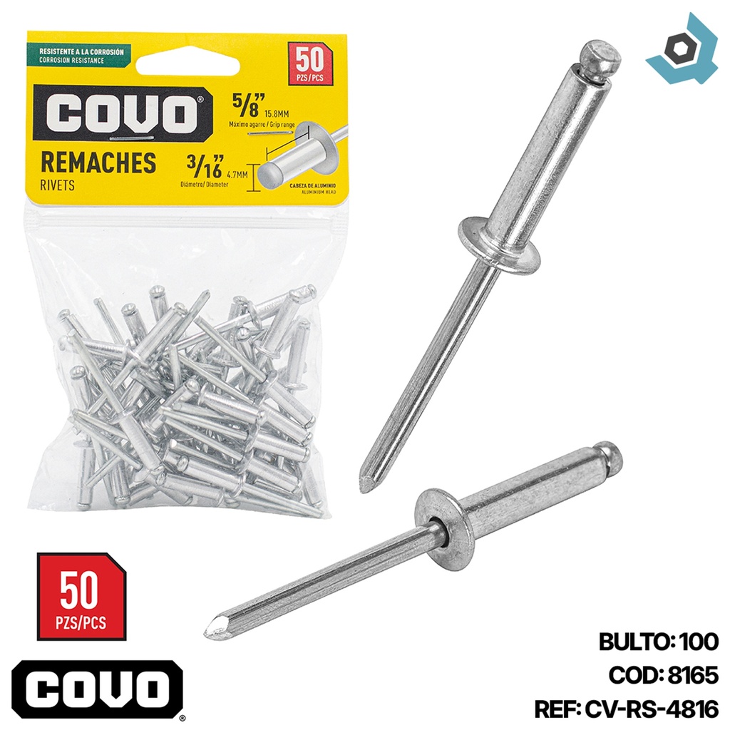 REMACHES 3/16" X 5/8" 50 PIEZAS COVO