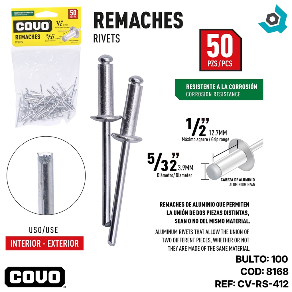 REMACHES 5/32" X 1/2" 50 PIEZAS COVO