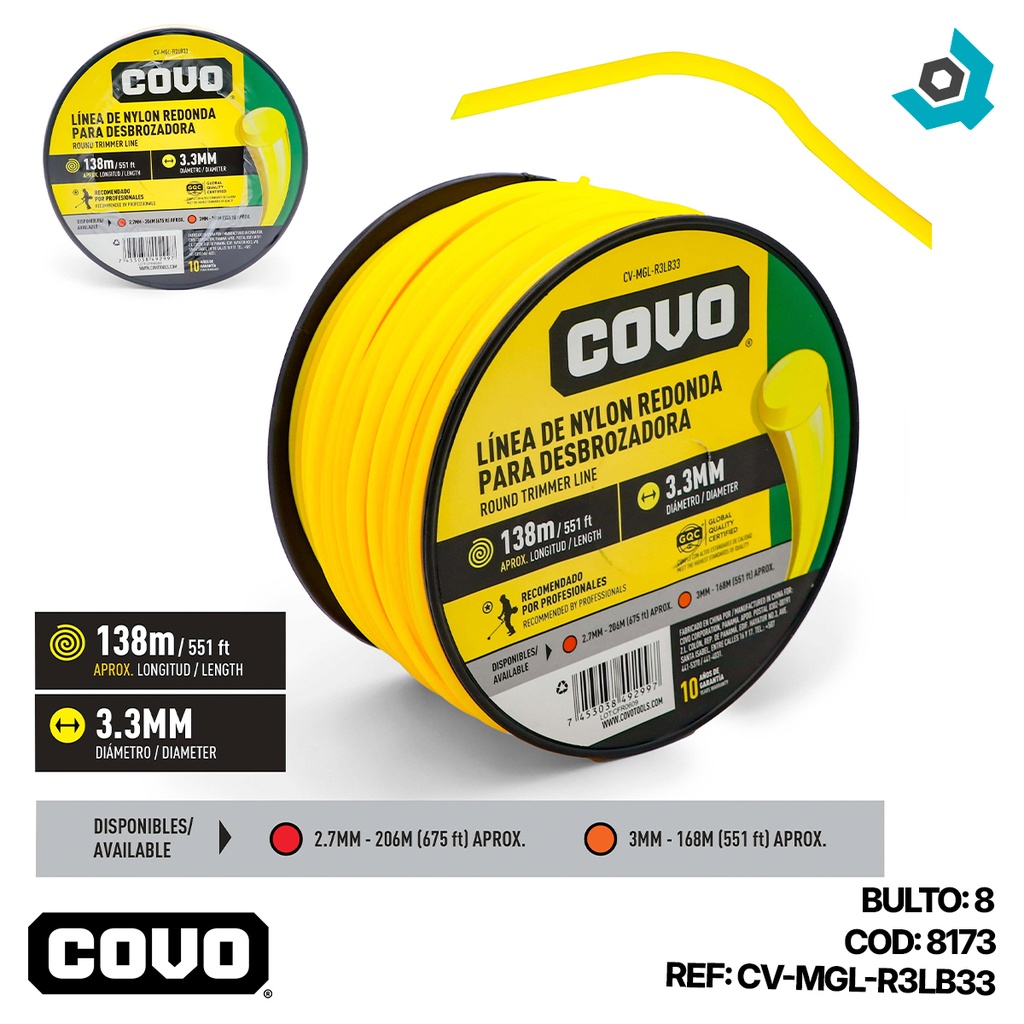 NYLON REDONDO PARA DESMALEZADORA 138MT X 3.3MM COVO