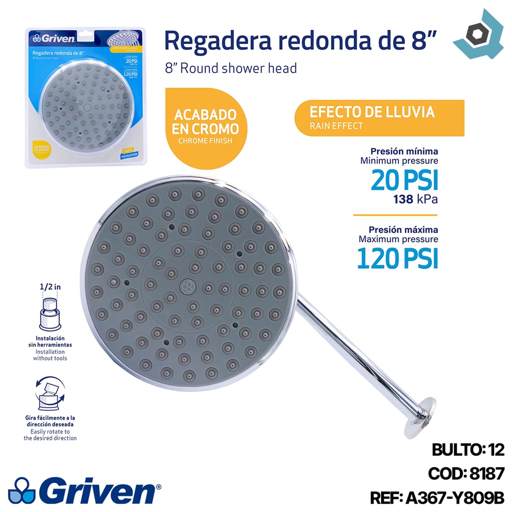 REGADERA PARA BANO 8" REDONDA GRIVEN