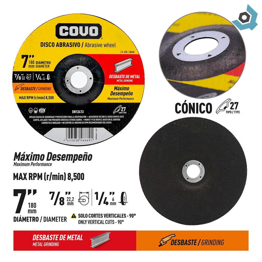 DISCO DE DESBASTE 7" DE METAL COVO