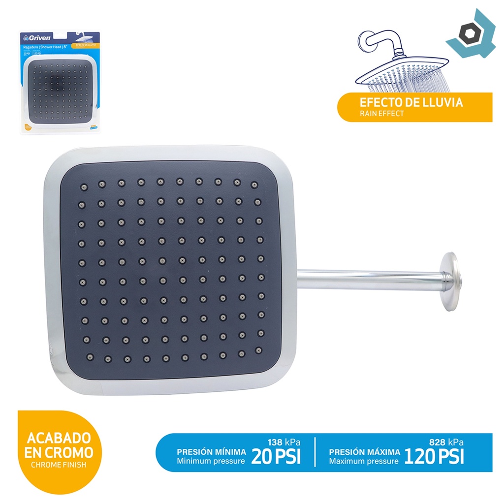 REGADERA PARA BANO 8" CUADRADA GRIVEN