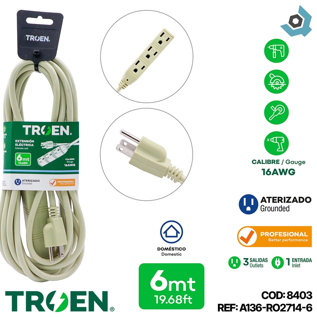 EXTENSION ELECTRICA 6MTS 3 TOMAS TROEN