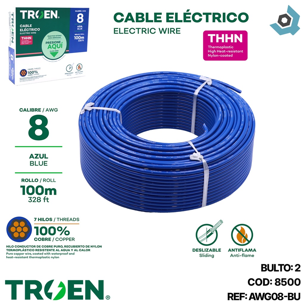 CABLE ELECTRICO 8 AWG AZUL 7 HILOS TROEN