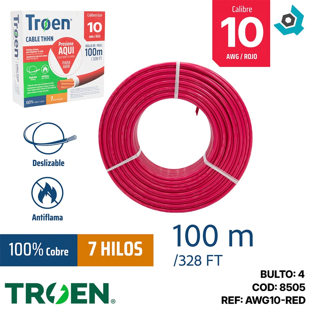 CABLE ELECTRICO 10 AWG ROJO 7 HILOS TROEN
