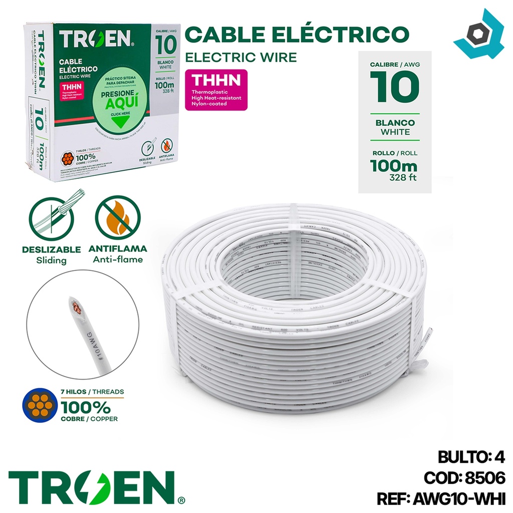 CABLE ELECTRICO 10 AWG BLANCO 7 HILOS TROEN