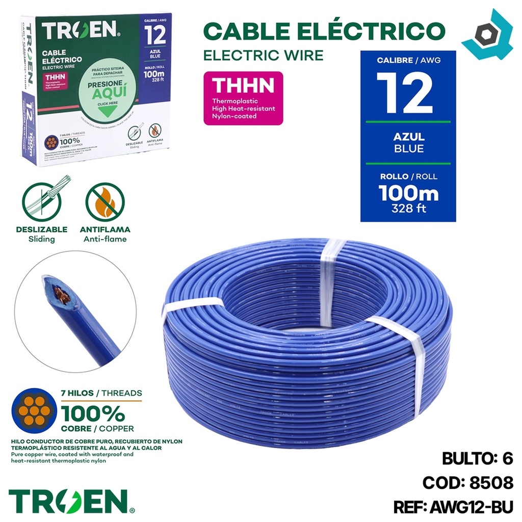 CABLE ELECTRICO 12 AWG AZUL 7 HILOS TROEN