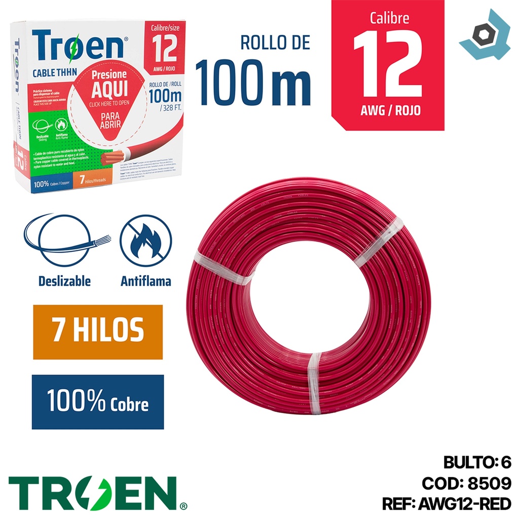 CABLE ELECTRICO 12 AWG ROJO 7 HILOS TROEN