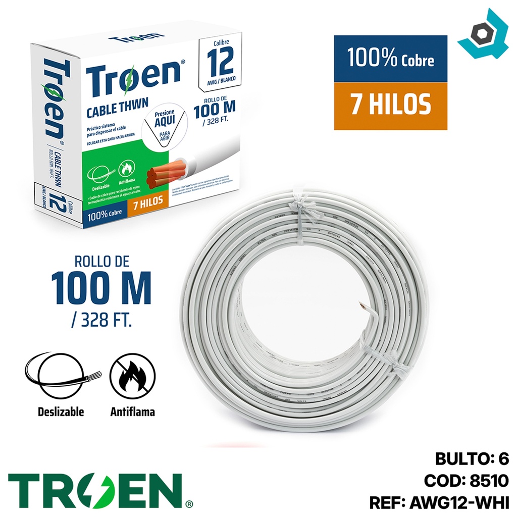 CABLE ELECTRICO 12 AWG BLANCO 7 HILOS TROEN