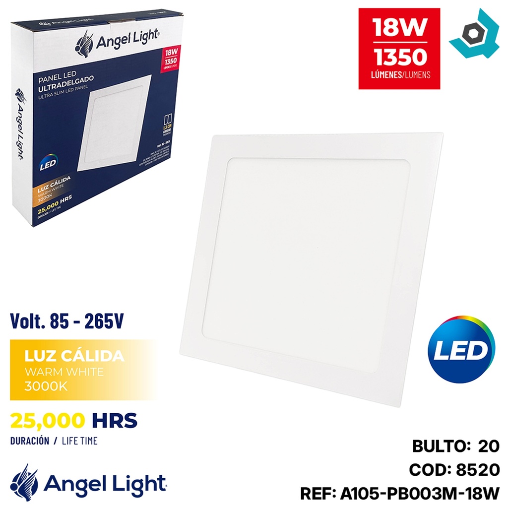 LAMPARA LED PARA EMPOTRAR CUADRADA 18W 8.7" LUZ CALIDA ANGEL LIGHT