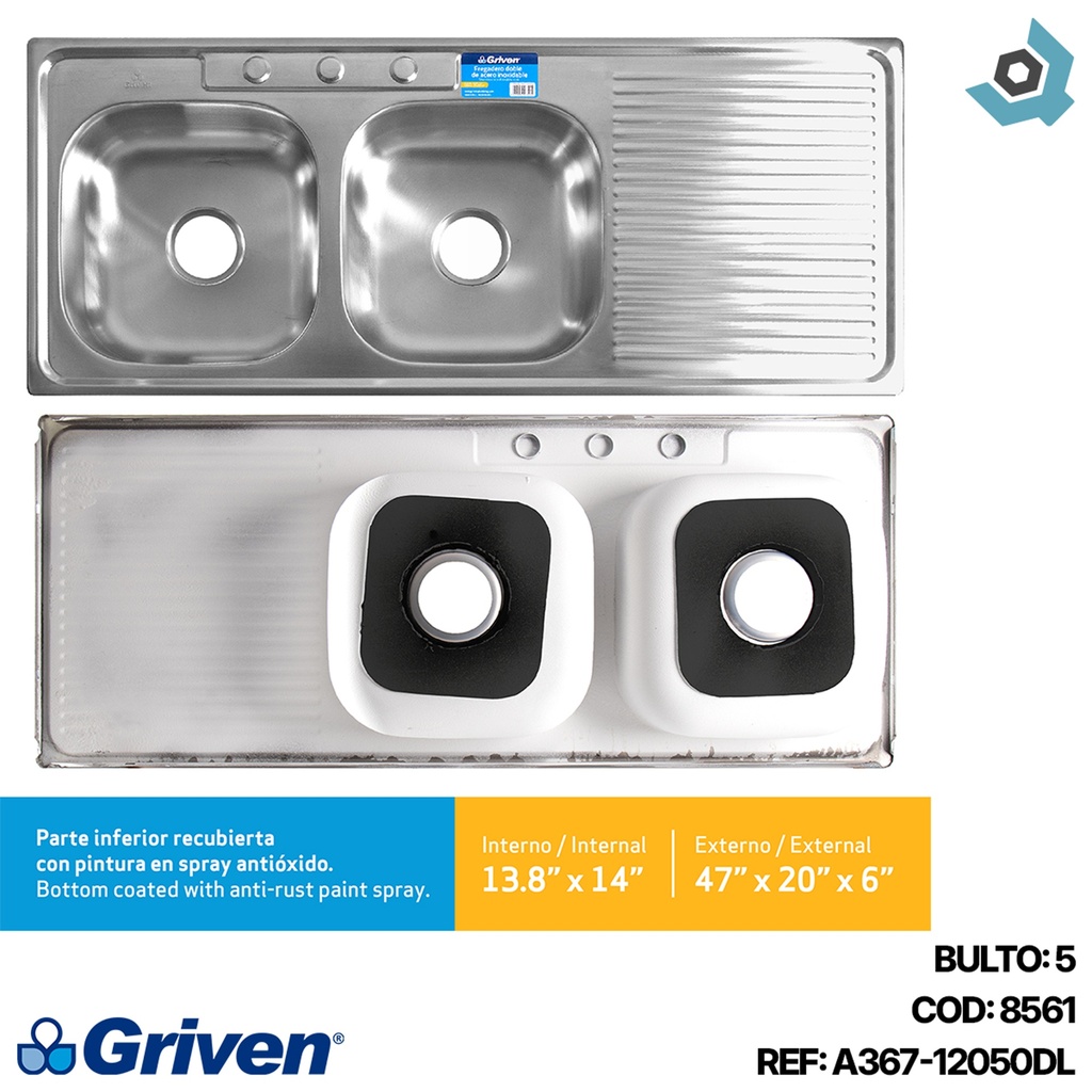 FREGADERO DOBLE 39 X 53 CM CON ESCURRIDOR GRIVEN