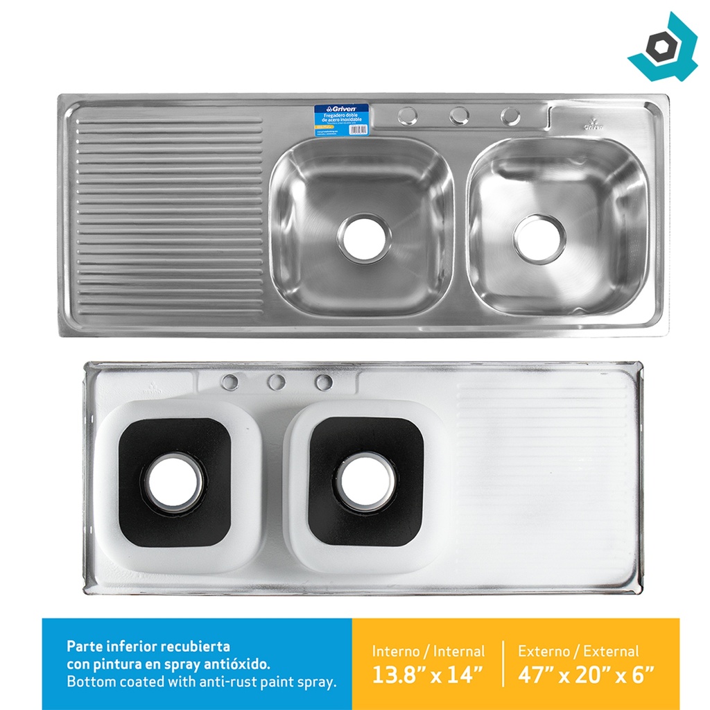FREGADERO DOBLE 35 X 35.5 CM CON ESCURRIDOR GRIVEN