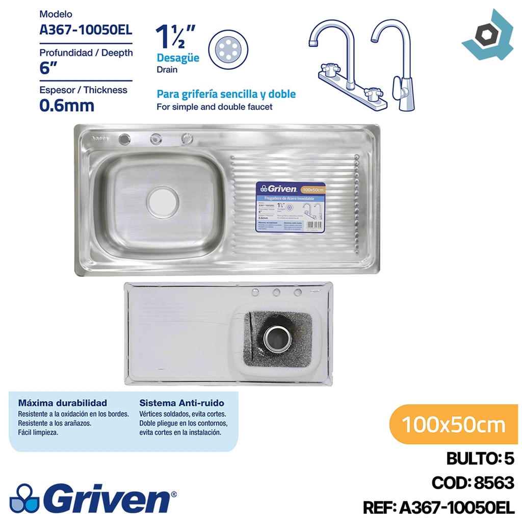 FREGADERO INDIVIDUAL 42 X 35 CM CON ESCURRIDOR GRIVEN