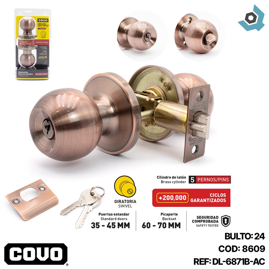 CERRADURA POMO TUBULAR PARA DORMITORIO BRONCE COVO