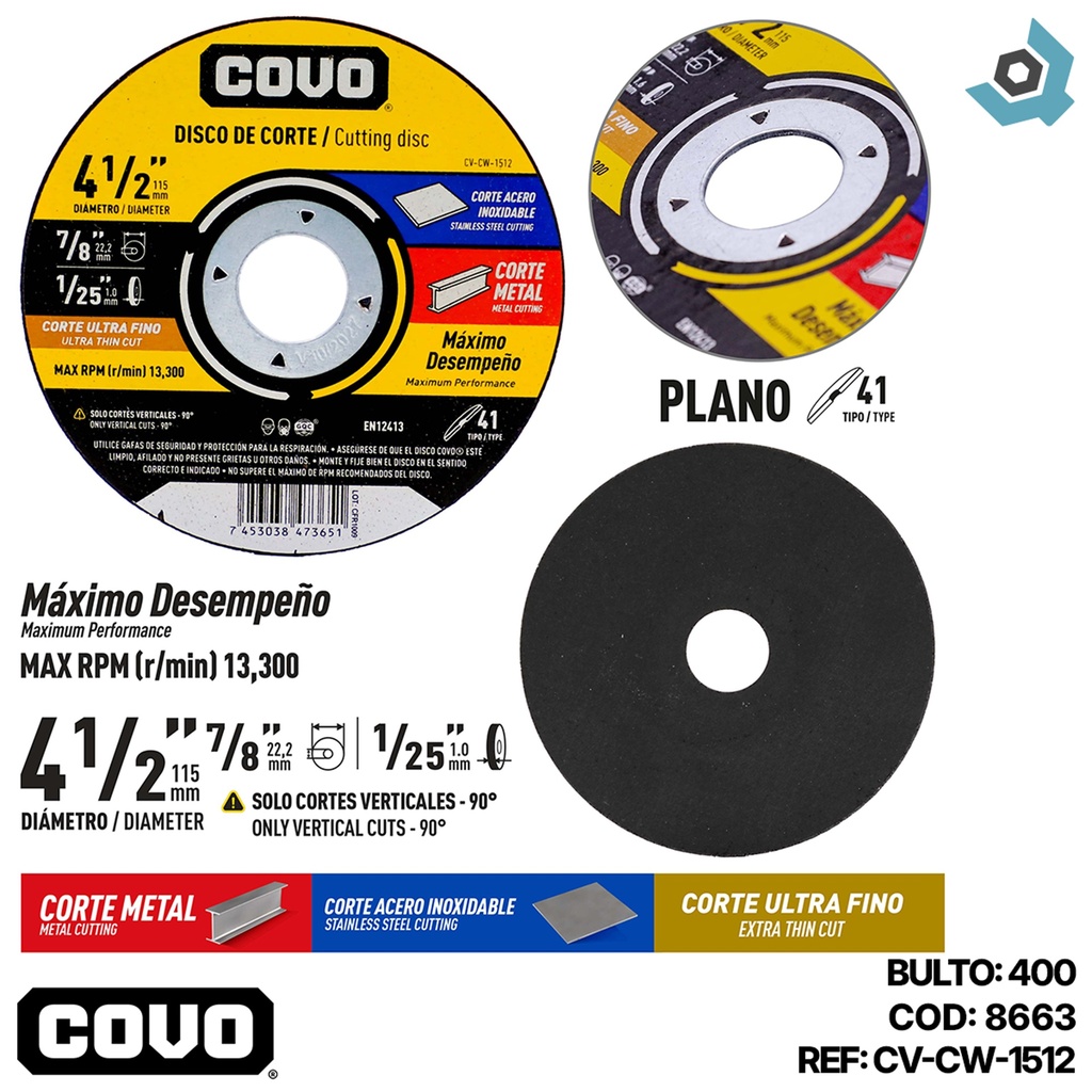 DISCO PARA CORTE 4 1/2" DE METAL COVO