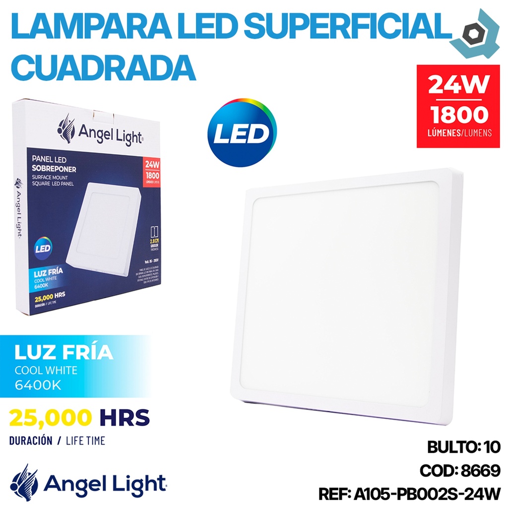 LAMPARA LED SUPERFICIAL CUADRADA 24W 6400K ANGEL LIGHT