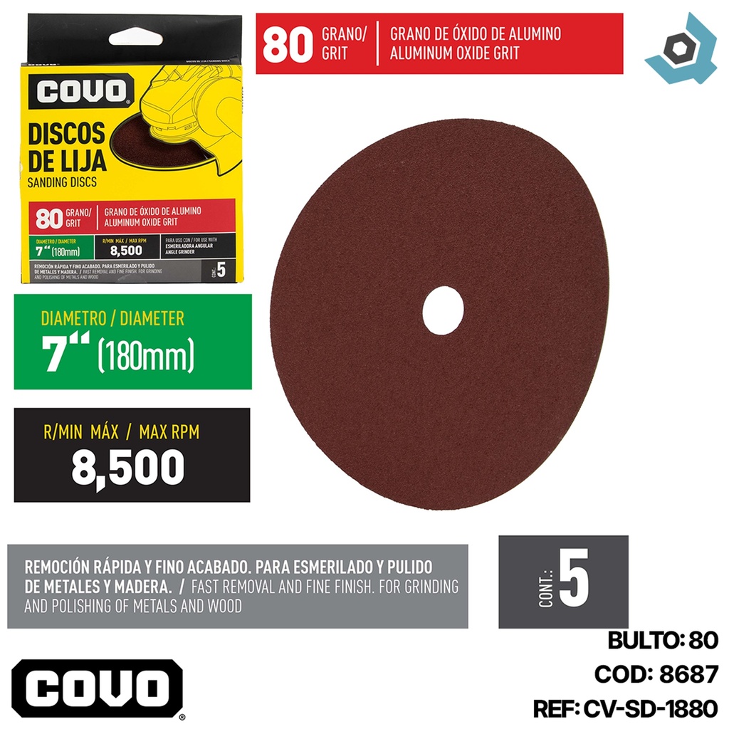 DISCO DE LIJA 7" X 7/8" GRANO 80 COVO