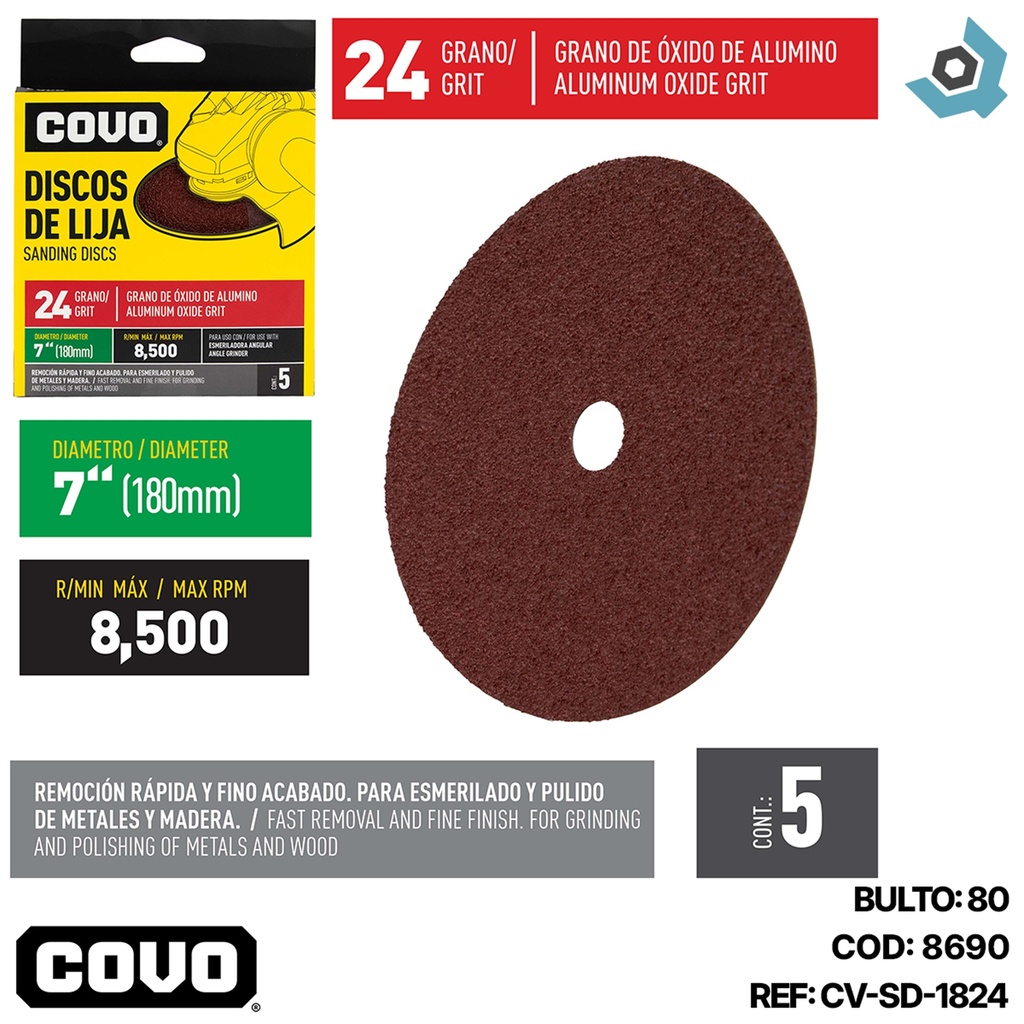 DISCO DE LIJA 7" X 7/8" GRANO 24 COVO