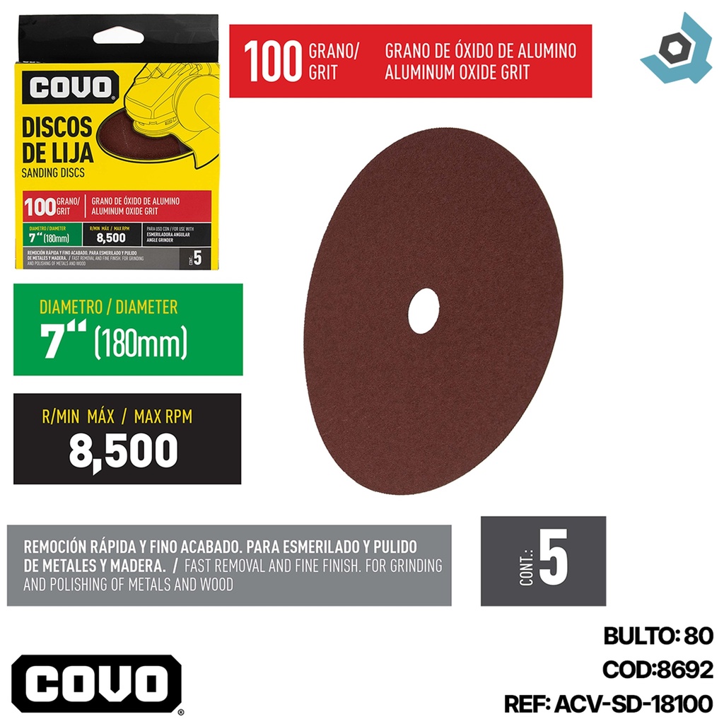 DISCO DE LIJA 7" X 7/8" GRANO 100 COVO