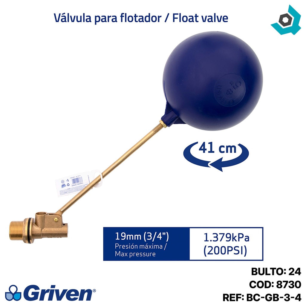 FLOTADOR CON VARILLA 3/4" PARA TANQUE DE AGUA GRIVEN