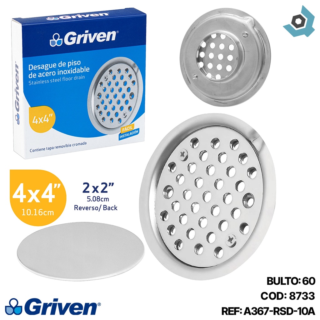DESAGUE DE PISO 4" X 4" ACERO INOXIDABLE GRIVEN