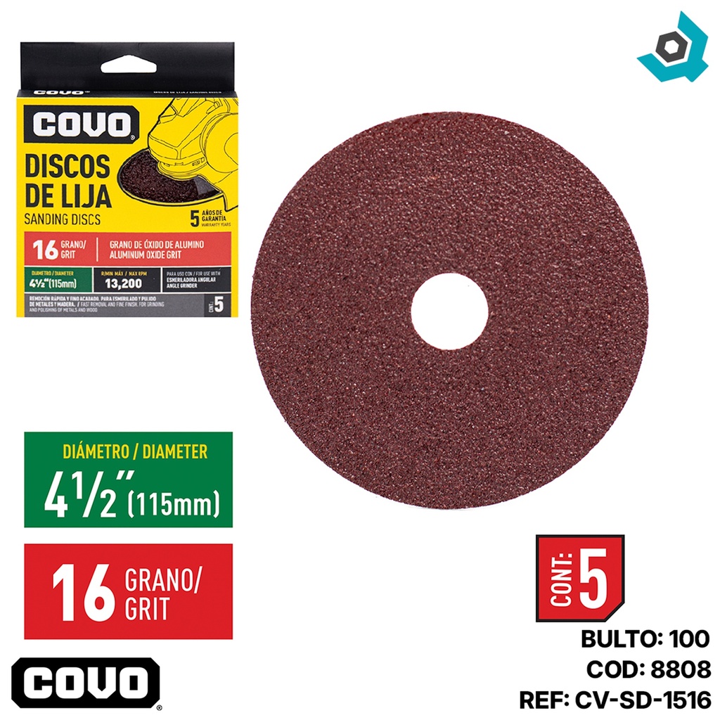 DISCO DE LIJA 4 1/2" X 7/8" GRANO 16 COVO