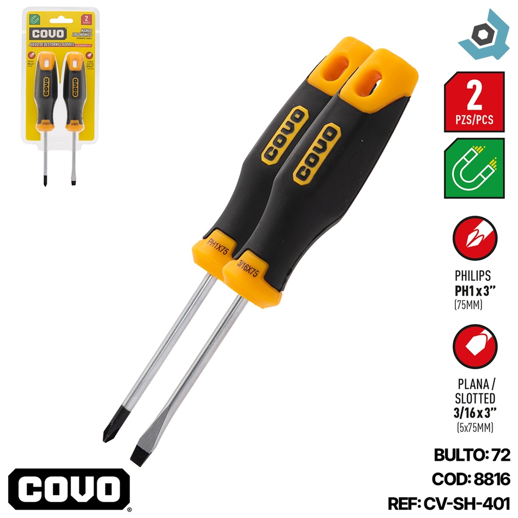 SET DE DESTORNILLADORES 2 PIEZAS PALETA Y ESTRIA COVO