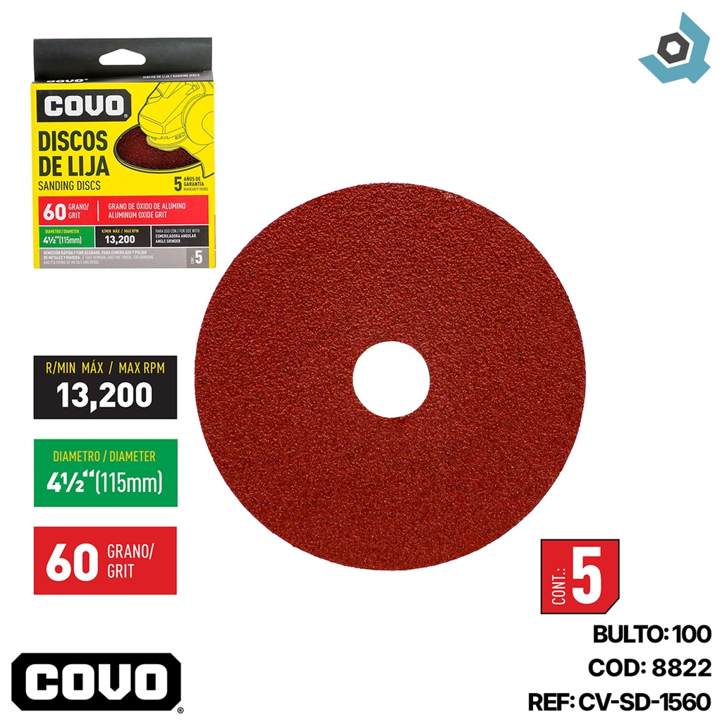 DISCO DE LIJA 4 1/2" X 7/8" GRANO 60 COVO