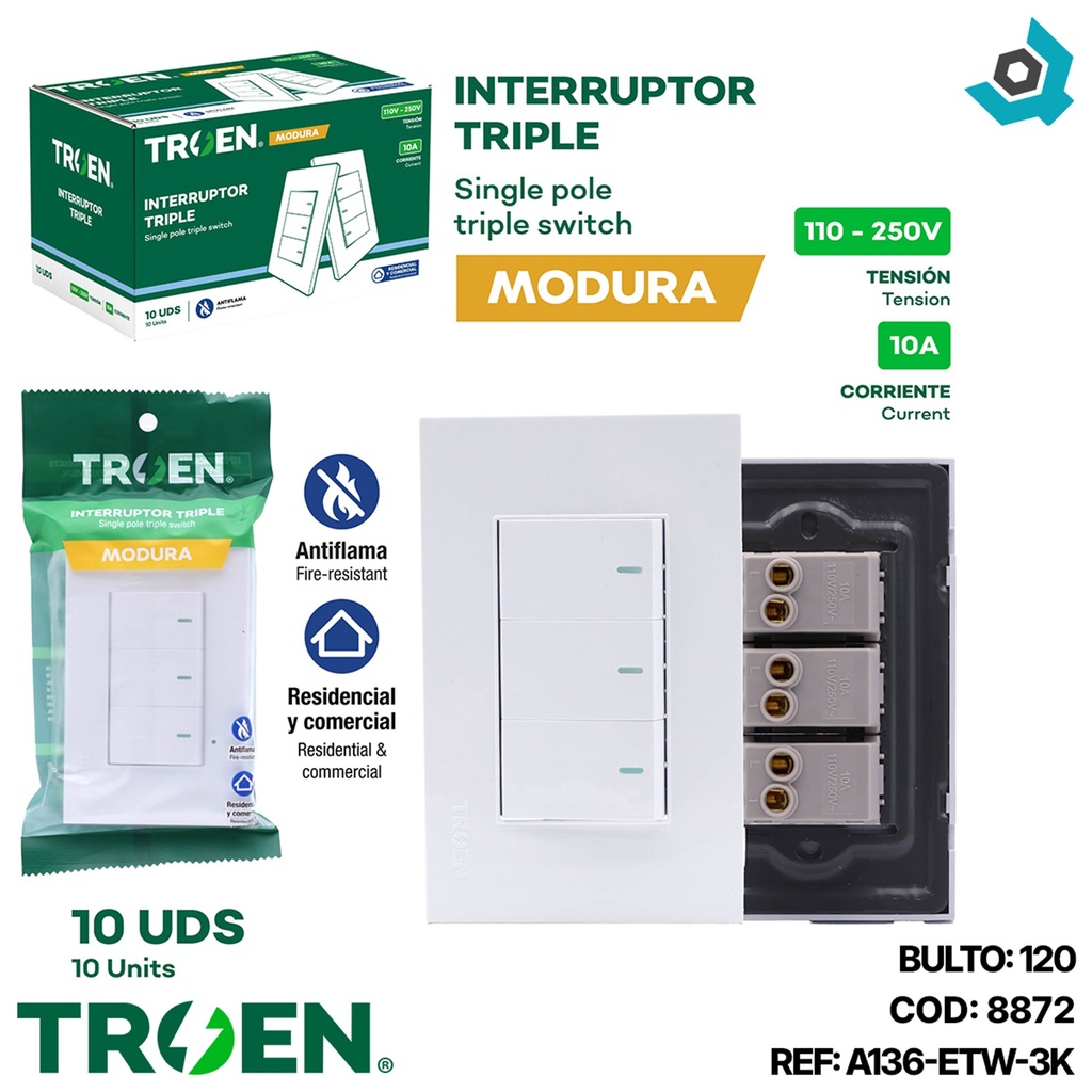 APAGADOR TRIPLE BLANCO TROEN