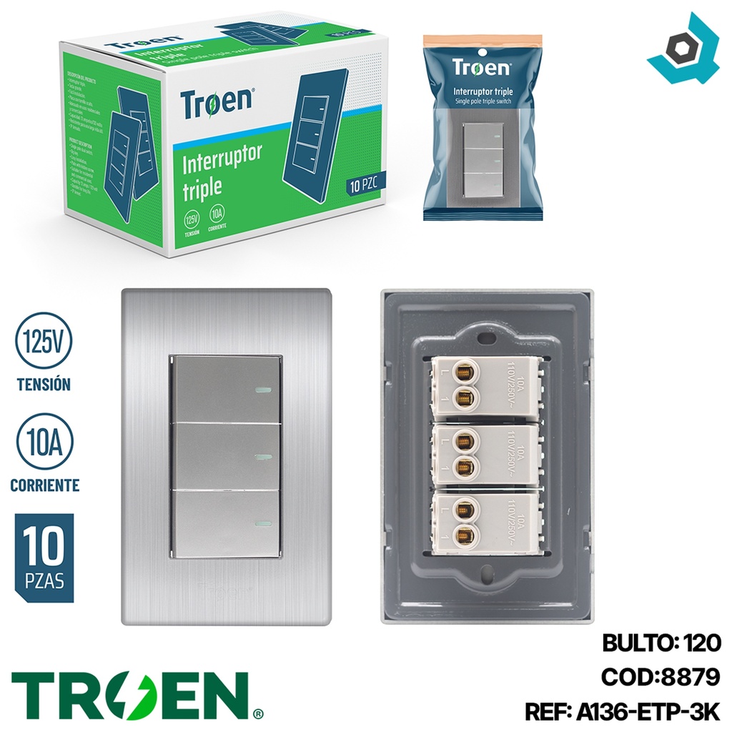 APAGADOR TRIPLE PLATEADO TROEN