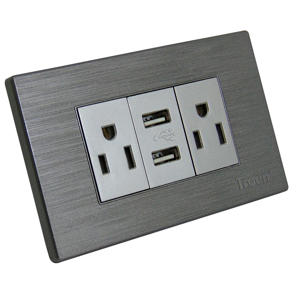 TOMACORRIENTE DOBLE PLATEADO CON USB TROEN