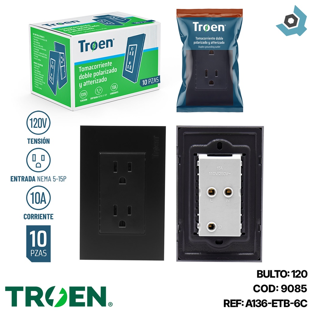 TOMACORRIENTE DOBLE NEGRO CON TIERRA TROEN