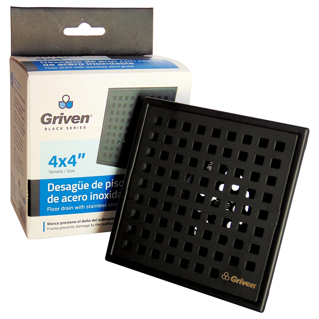 DESAGUE DE PISO 4"X4" CUADRADO CON REJILLA NEGRO GRIVEN