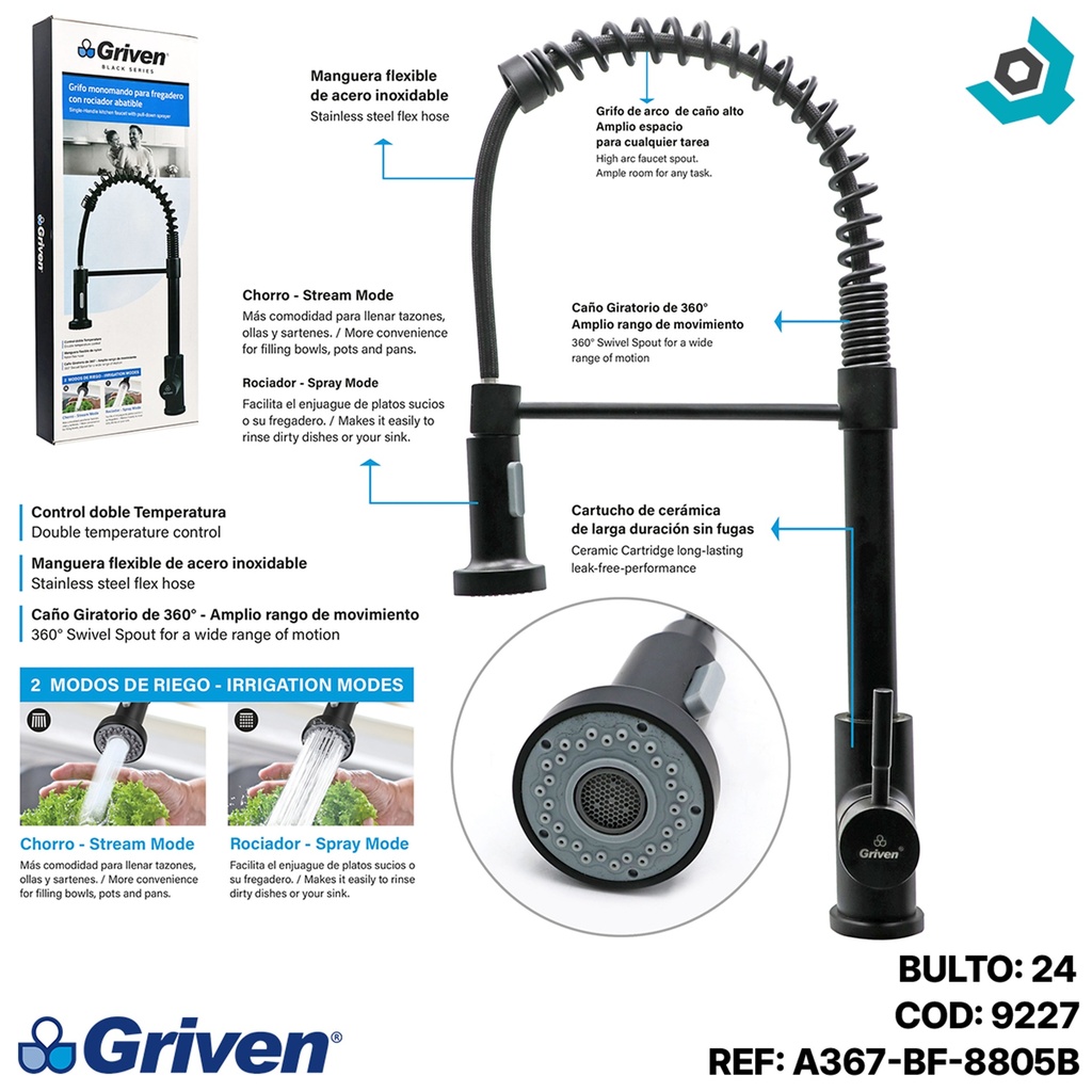 GRIFERIA PARA FREGADERO MONOMANDO NEGRO MATE GRIVEN BLACK