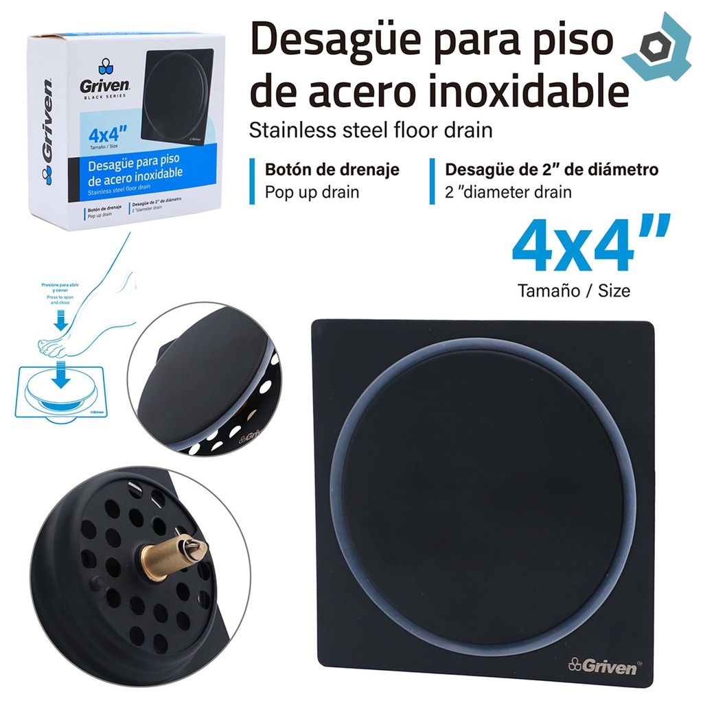 DESAGUE DE PISO 4" X 4" PUSH CUADRADO GRIVEN