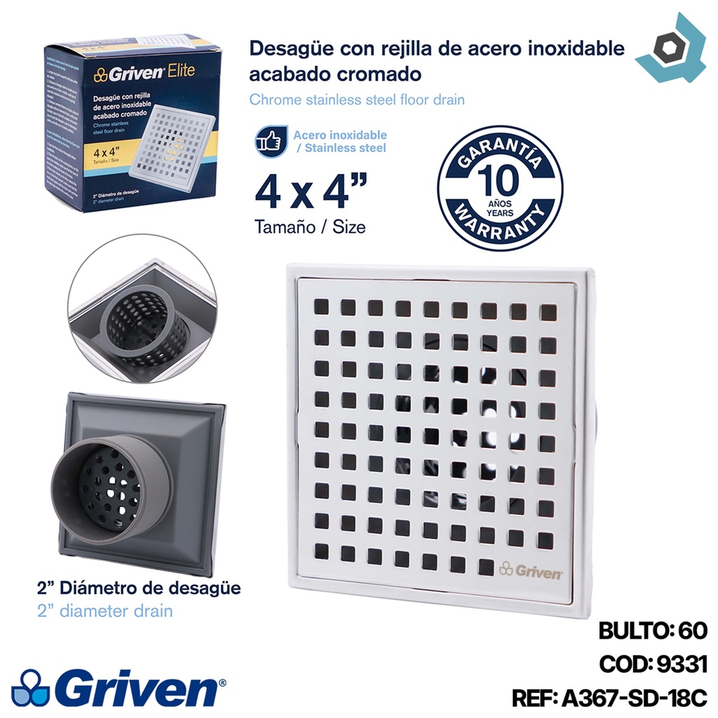 DESAGUE DE PISO 4" X 4" CROMADO GRIVEN ELITE